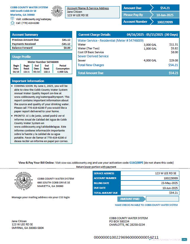 download USA Cobb County Water System utility bill template in Word and PDF formats, version 2 PDF template